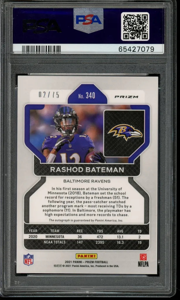 Rashod Bateman 2021 Panini Prizm Autograph Green Scope Rookie Autograph Card #340- 2/75- PSA 9 - RC