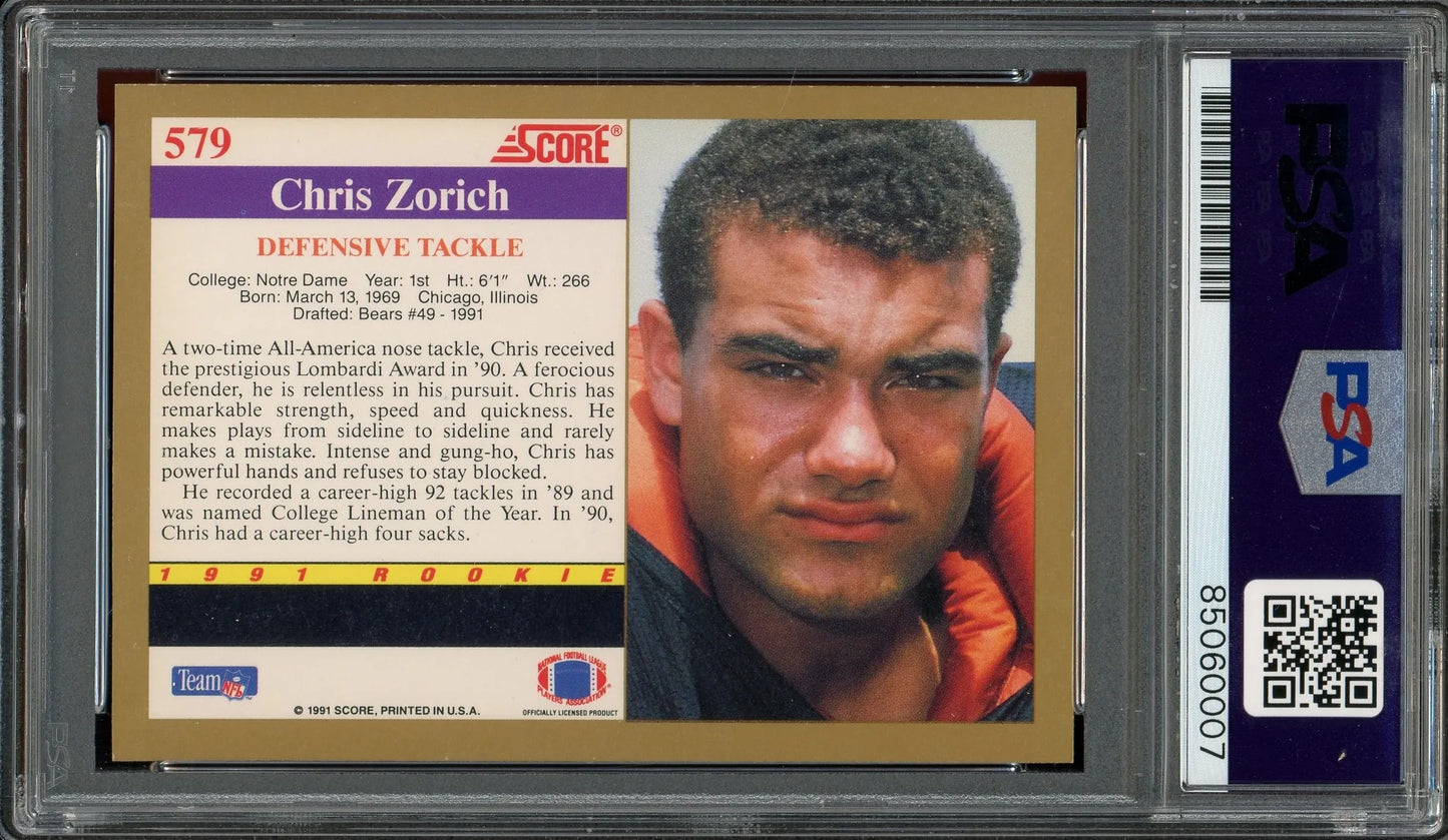 Chris Zorich Signed 1991 Score #579 RC - Auto Graded 10 (PSA) -Rookie Card