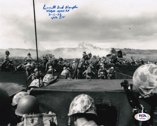 Everett Bud Hampton "Major USMC Ret 3-1-23 4th DIV." Signed (PSA) Battle of Iwo Jima 8x10 Photo