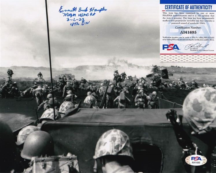 Everett Bud Hampton "Major USMC Ret 3-1-23 4th DIV." Signed (PSA) Battle of Iwo Jima 8x10 Photo