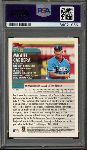 Miguel Cabrera Signed 2000 Topps RC #T40- Auto Graded 10 (PSA) - Rookie Card