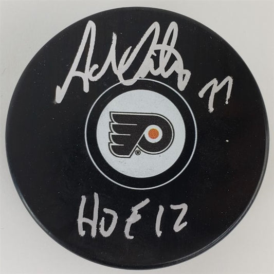 Adam Oates "HOF 12" Signed Philadelphia Flyers Logo Puck (JSA Witness COA)