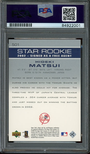 Hideki Matsui Signed 2003 Upper Deck Star RC #501 - Auto Graded 10 (PSA/DNA) - Rookie Card