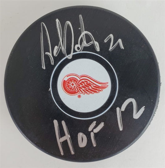 Adam Oates "HOF 12" Signed Red Wings Puck (JSA Witness COA)