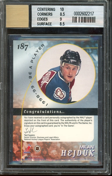 Milan Hejduk 1998 Be A Player Autograph RC #187 - Graded 8.5 (BGS) With Graded 10 Autograph - Rookie Card