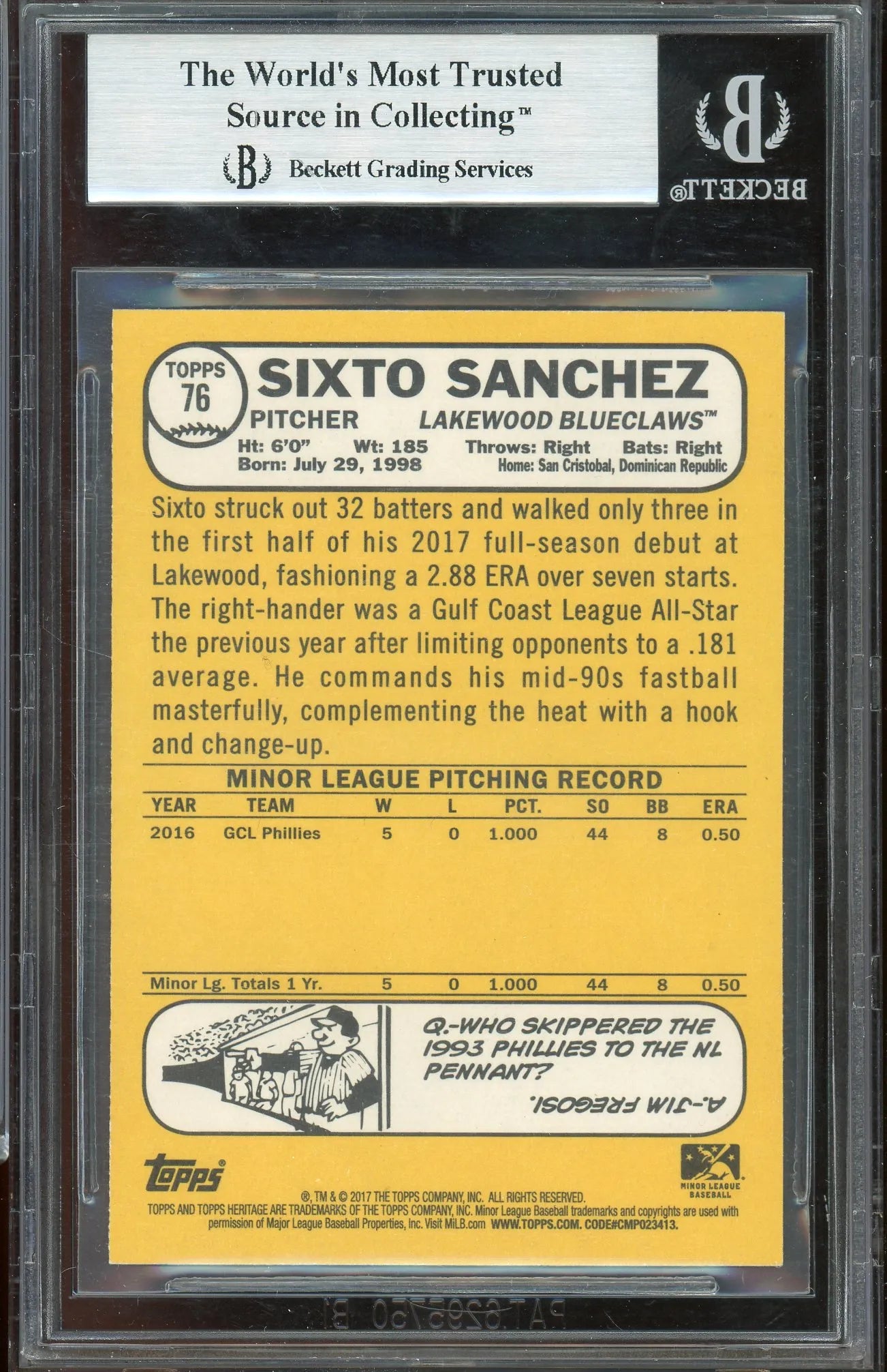 Sixto Sanchez Signed 2017 Topps Heritage Minors RC (BAS Encapsulated) - Rookie Card