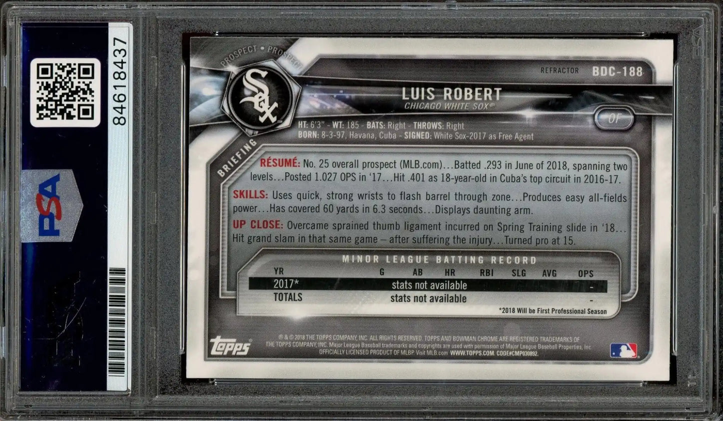 Luis Robert Signed 2018 Bowman Draft Chrome Refractor  RC #BDC-188 – Auto Graded PSA 10