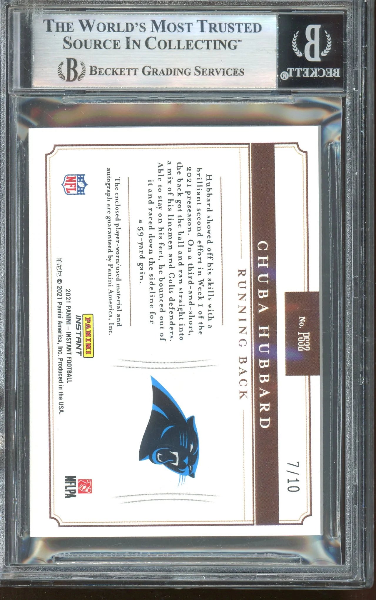 Chuba Hubbard 2021 Panini Instant Prime Signatures RPA RC #PS32 – #7 Of 10 – Graded 9 (BGS) - Rookie Card