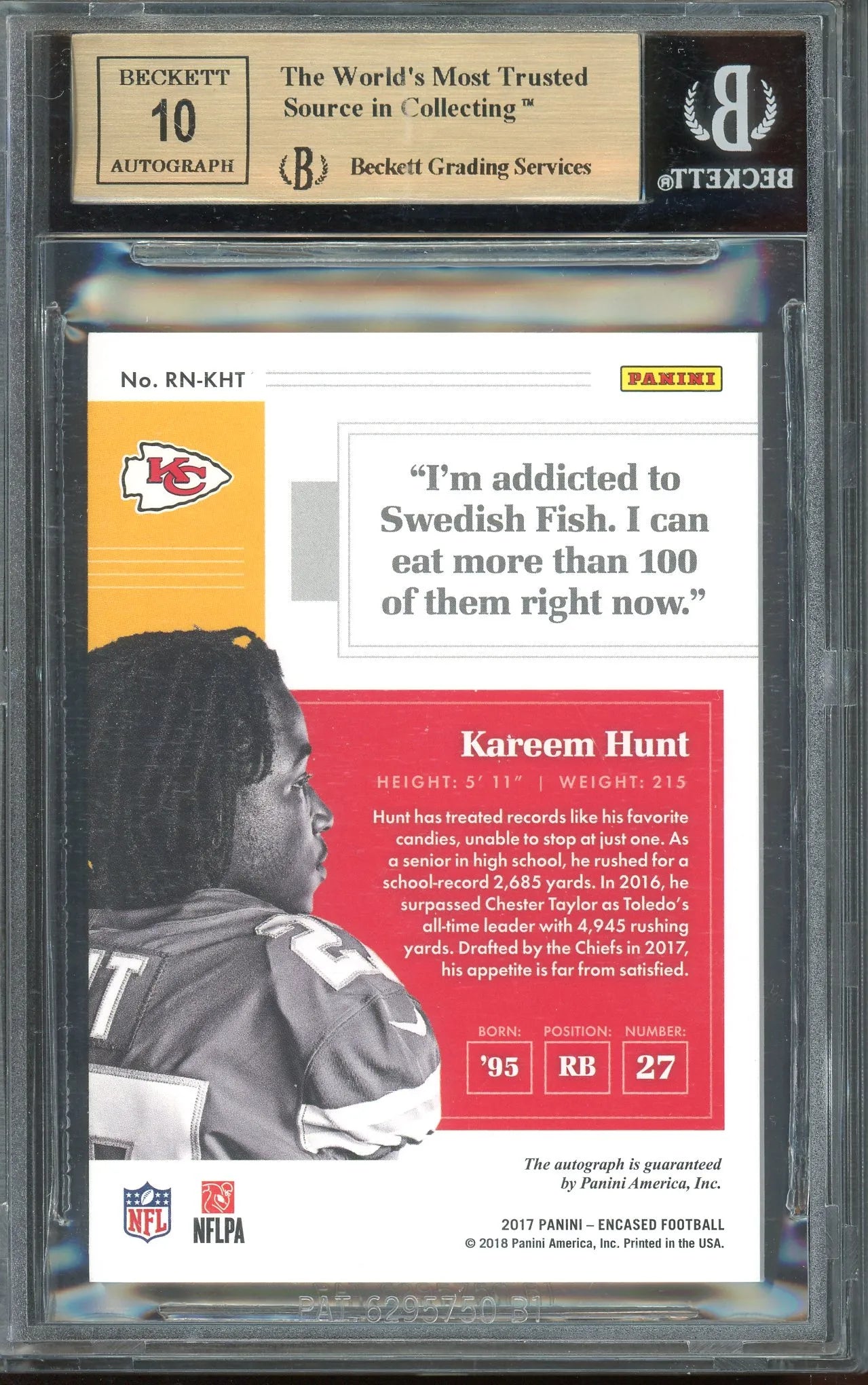 Kareem Hunt 2017 Panini Encased Rookie Notable Signatures Emerald Autographed RC #RNKHT- #2 Of 5 - Graded  BGS 9.5 Auto 10 - Rookie Card