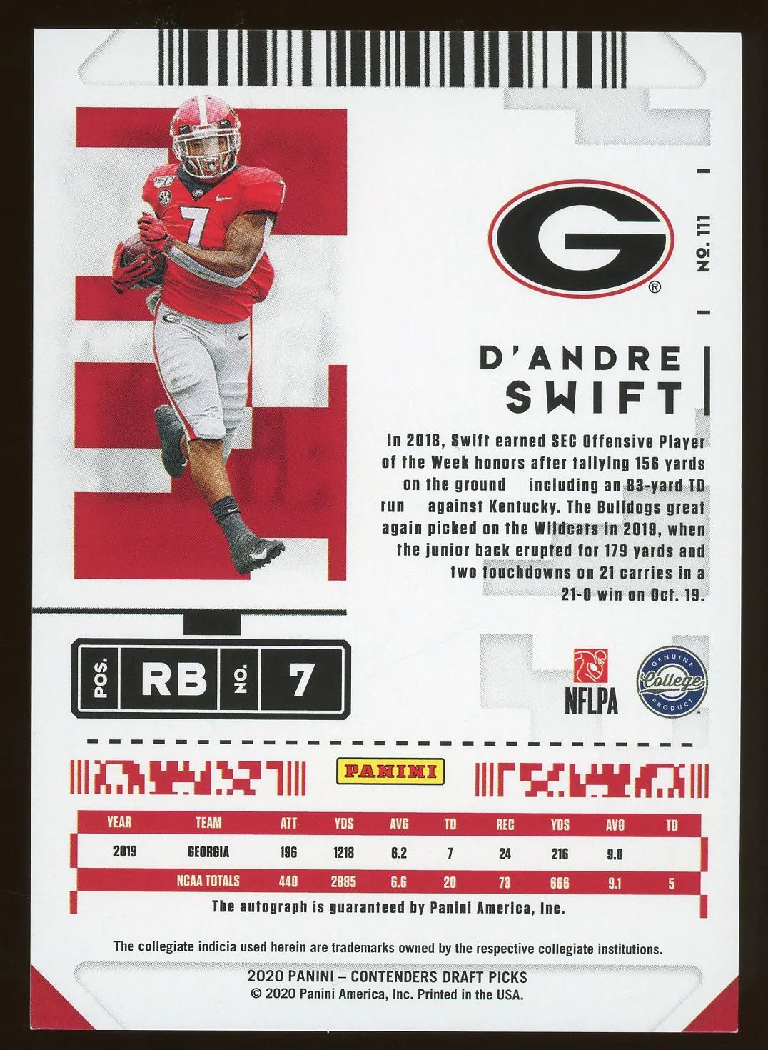 D’Andre Swift 2020 Panini Contenders Draft Picks Playoff Ticket Silver Autograph #111 RC – #11/18 - Rookie Card