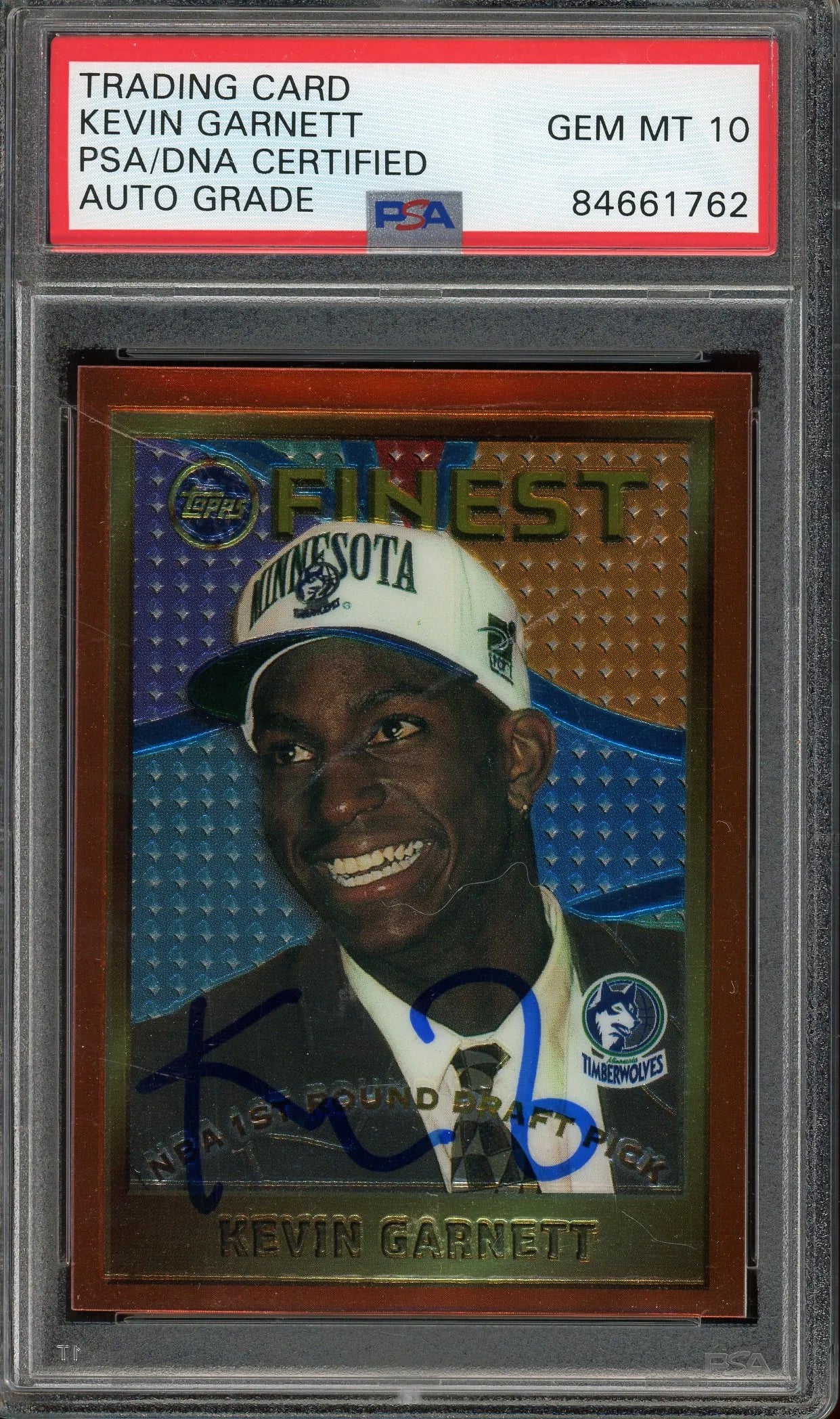 Kevin Garnett Signed 1995 Topps Finest RC #115 – Auto Graded PSA 10 - Rookie Card