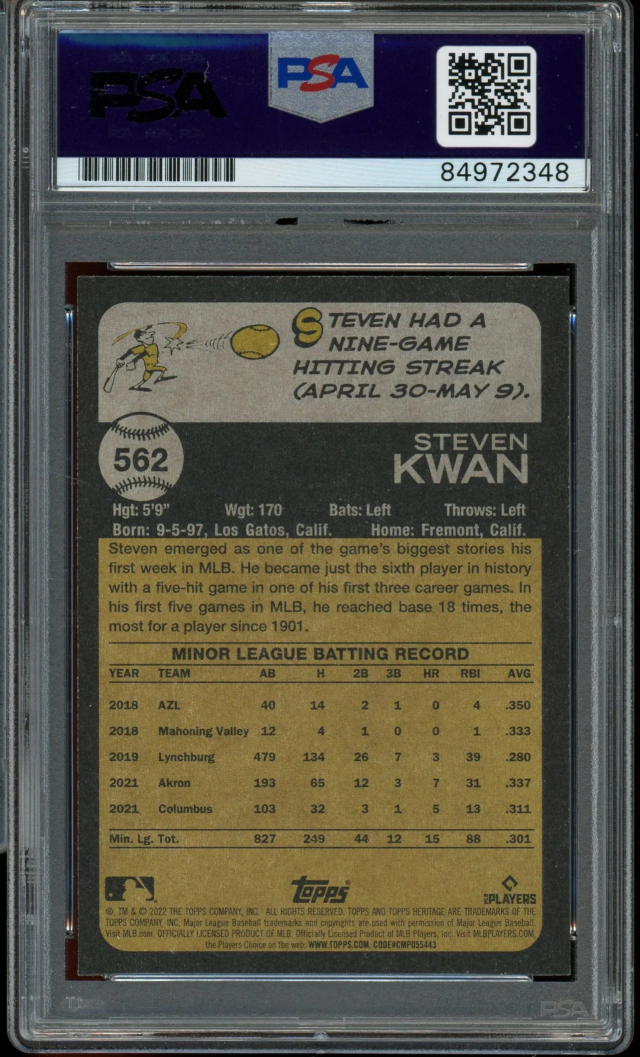 Steven Kwan Signed 2022 Topps Heritage #562 RC (PSA) - Rookie Card