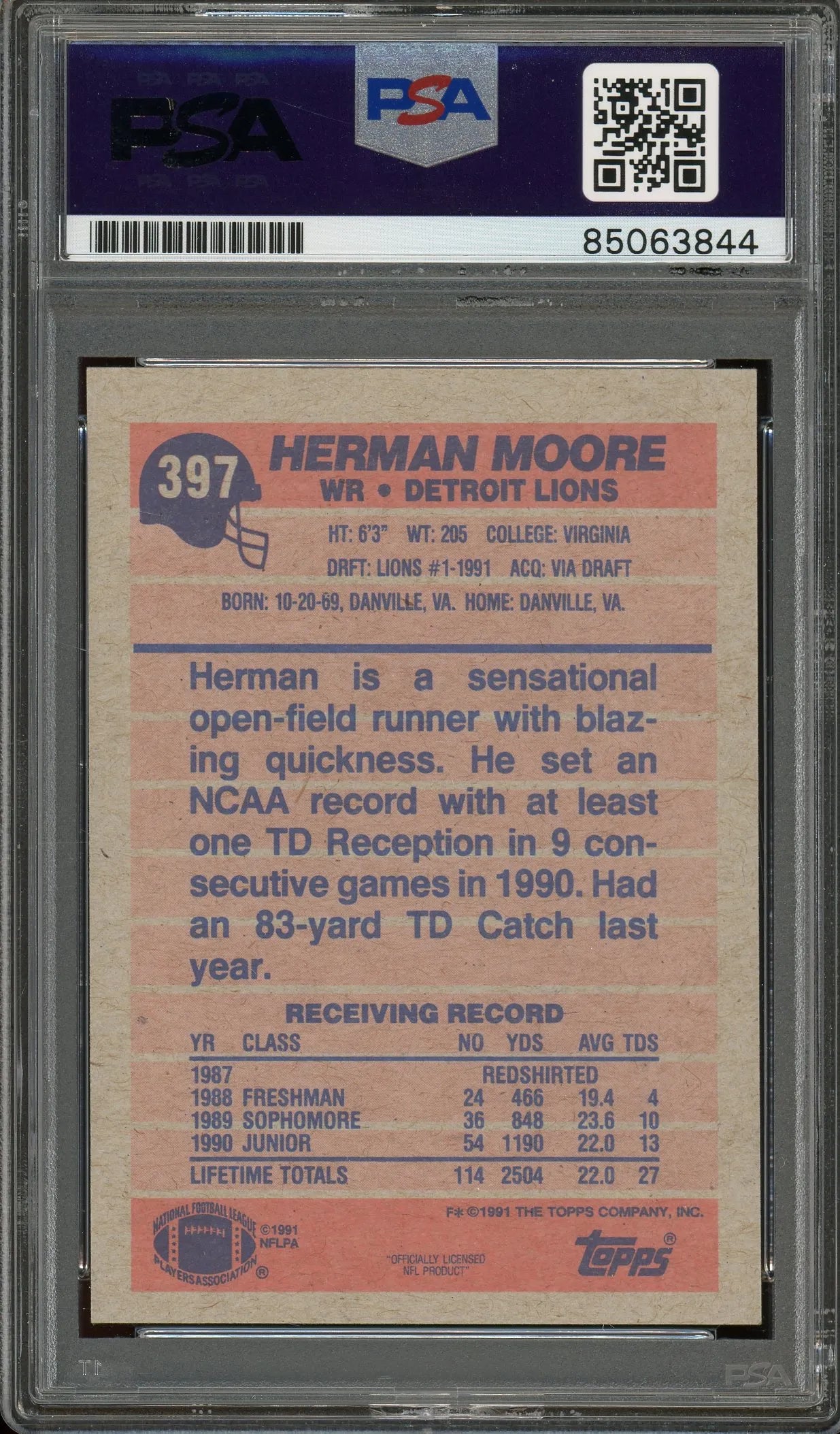 Herman Moore Signed 1991 Topps RC #397 – Auto Graded PSA 10 - Rookie Card