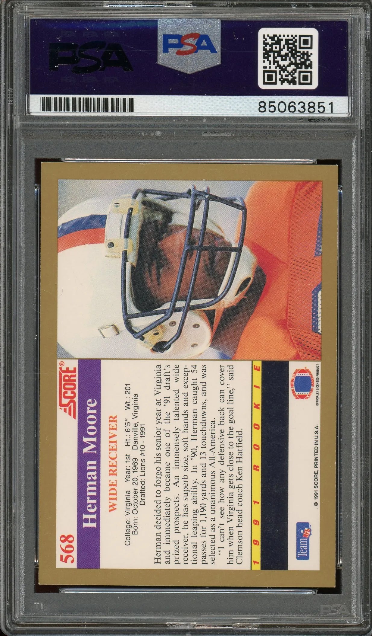 Herman Moore Signed 1991 Score #568 RC – Auto Graded 10 (PSA) - Rookie Card