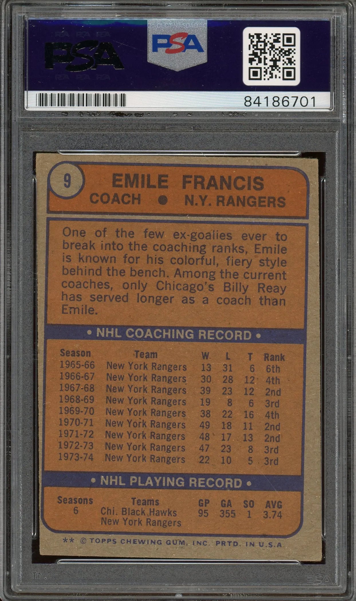 Emile “Cat” Francis Signed 1974 Topps Hockey Card #9 (PSA/DNA)