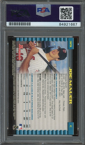 Joe Mauer Signed 2002 Bowman RC #379 - Auto Graded PSA 10 - Rookie Card