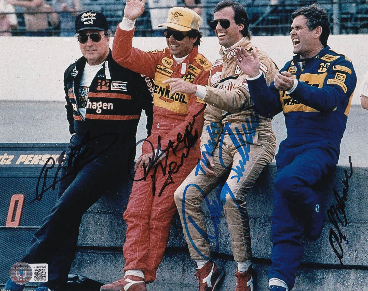 AJ Foyt, Rick Mears, Danny Sullivan, and Al Unser Signed 8×10 Photo (Beckett LOA)