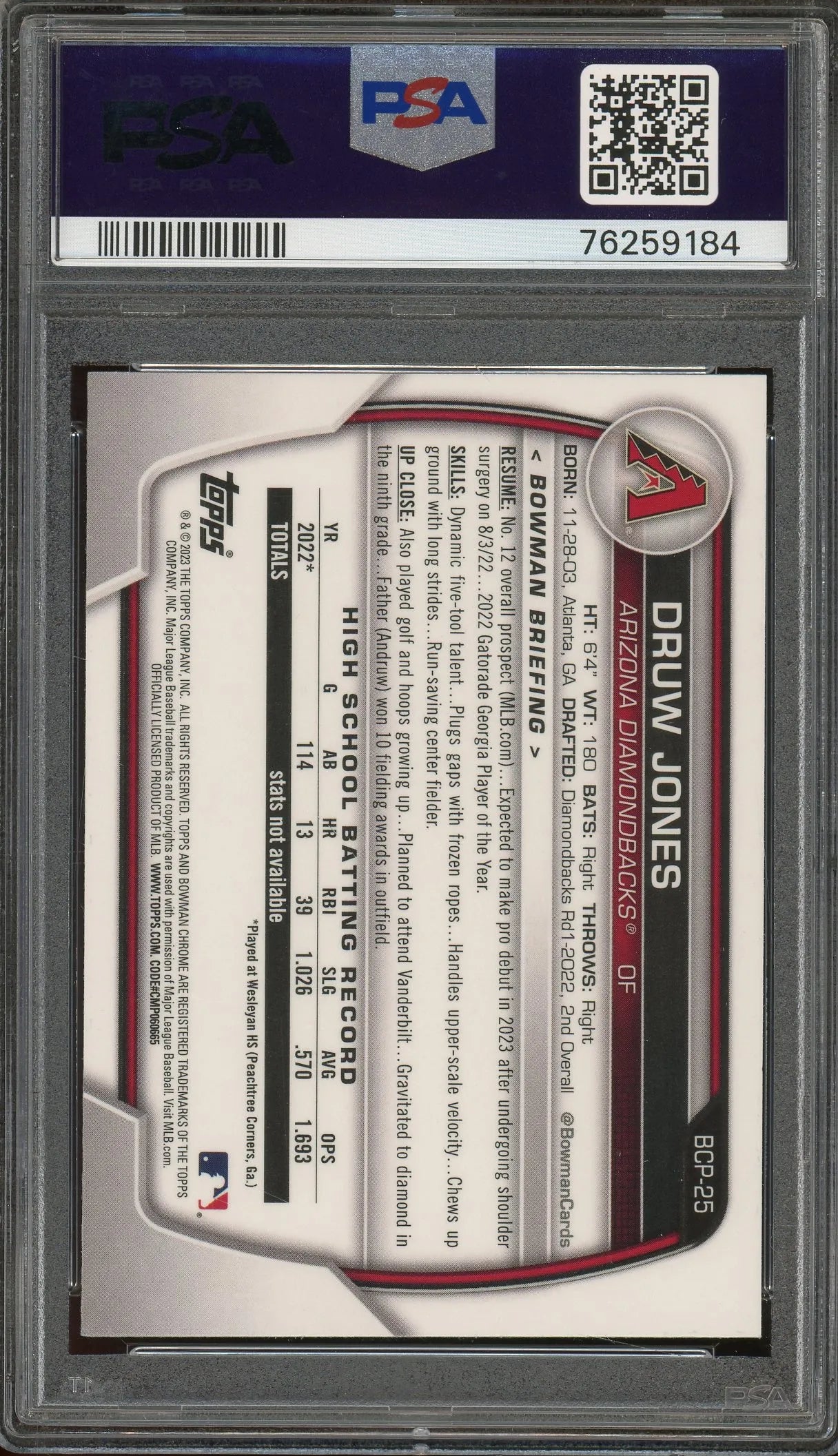 Druw Jones Signed 2023 Bowman Chrome Prospects 1st Bowman #BCP25 RC – Auto Graded 10 (PSA) - Rookie Card