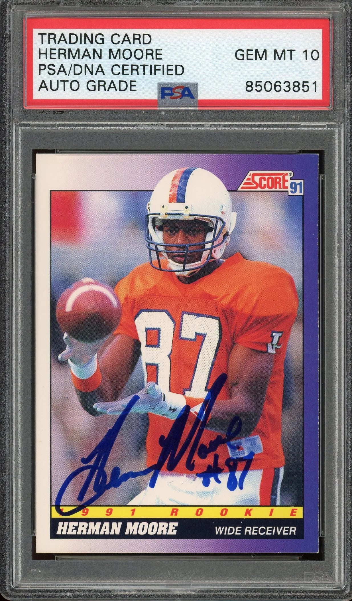 Herman Moore Signed 1991 Score #568 RC – Auto Graded 10 (PSA) - Rookie Card