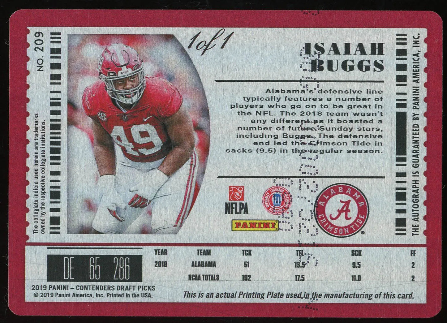 Isaiah Buggs 2019 Panini Contenders Draft Picks Championship Tickets Autograph RC #209- 1/1 - Rookie Card