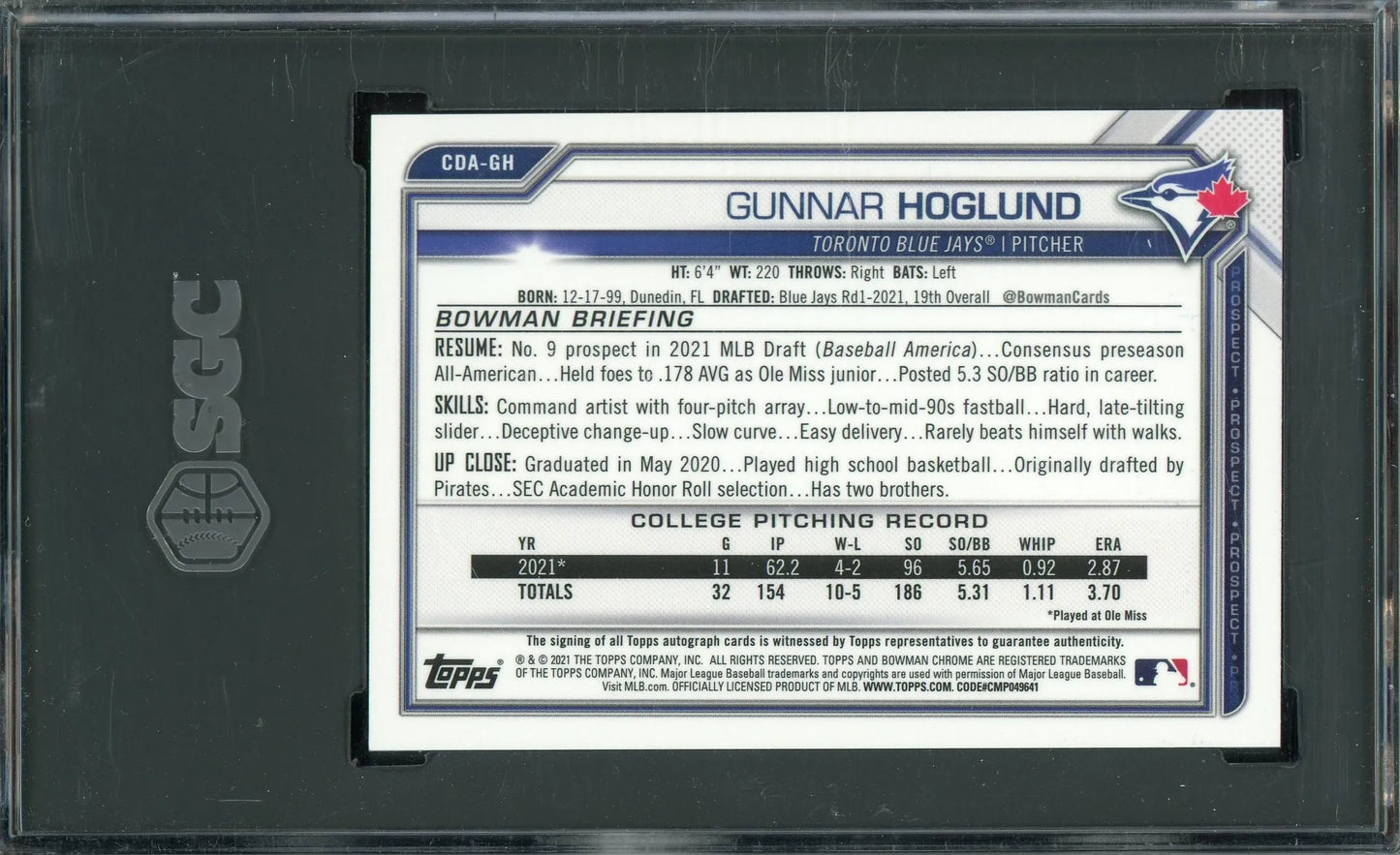 Gunnar Hoglund 2021 Bowman Chrome Draft 1st Bowman Blue Refractor signed RC- 89/150 - SGC 9.5 Auto 10 - Rookie Card