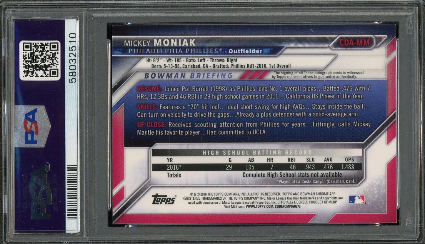 Mickey Moniak 2016 Bowman Draft Chrome Draft Picks 1st Bowman Autograph RC- PSA 9 - Rookie Card