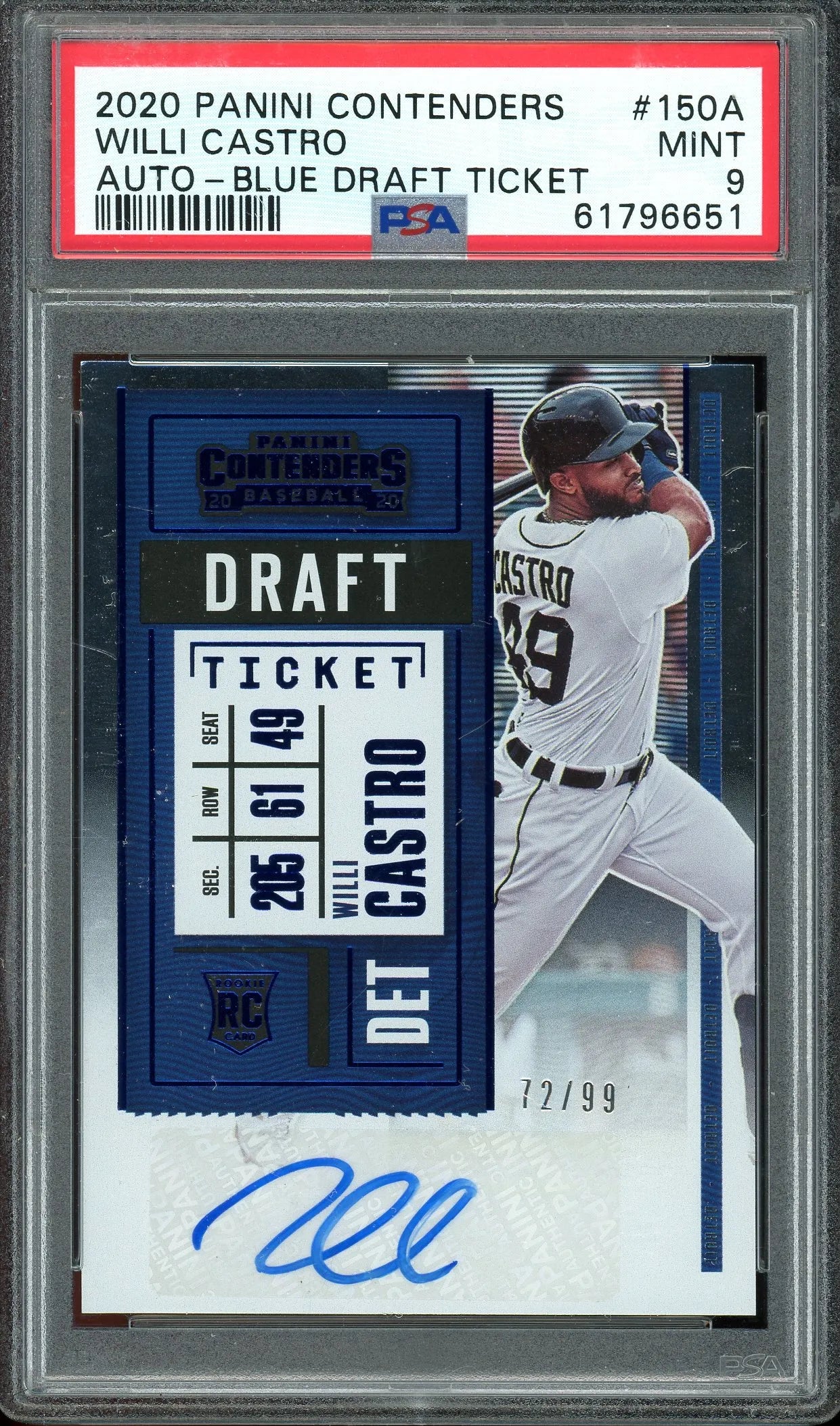 Willi Castro 2020 Panini Contenders Draft Ticket Blue Autograph #150A RC – #72 Of 99 – Graded Mint 9 (PSA) - Rookie Card