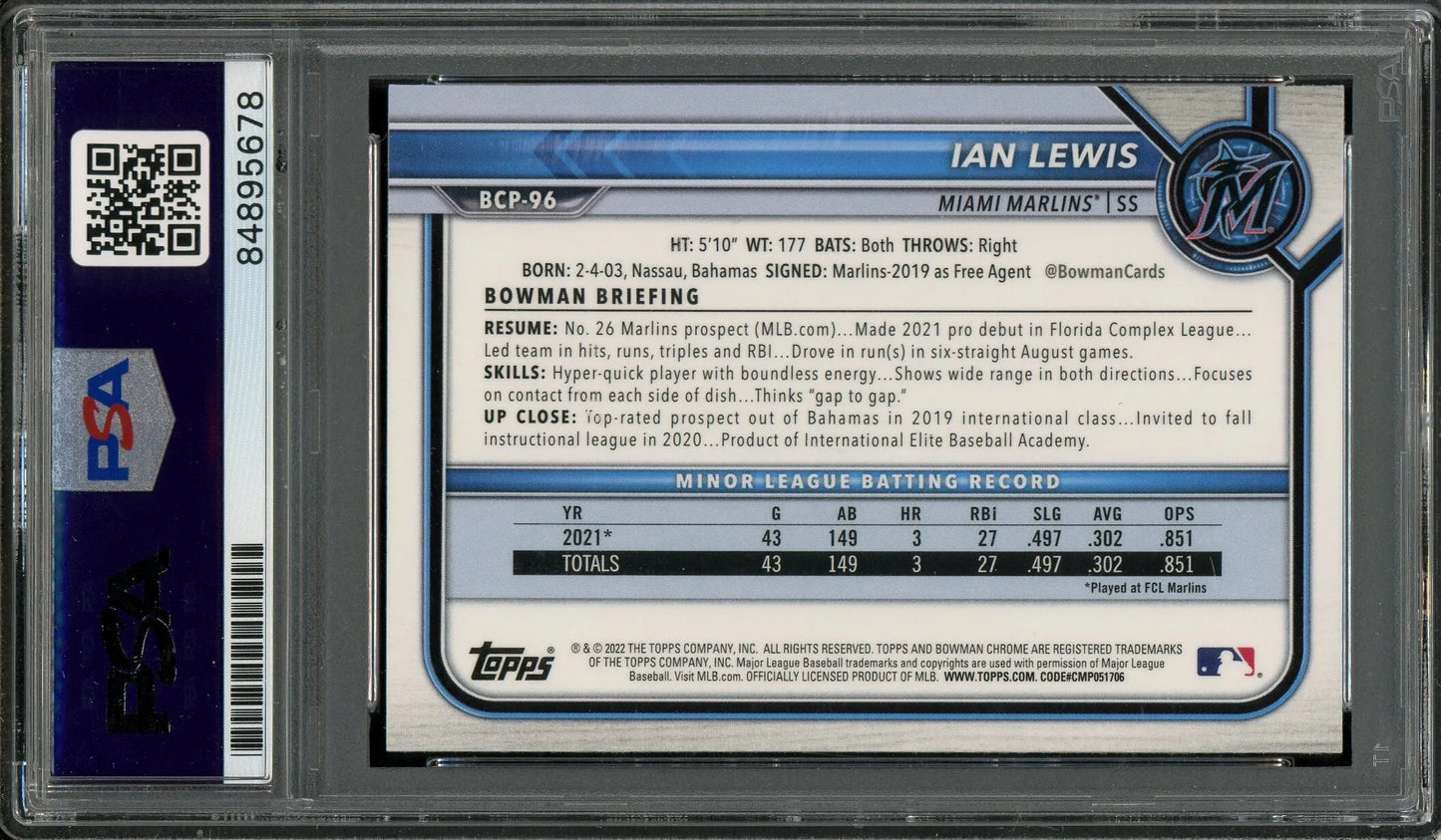 Ian Lewis Signed 2022 Bowman Chrome 1st Bowman RC - PSA/DNA - Rookie Card