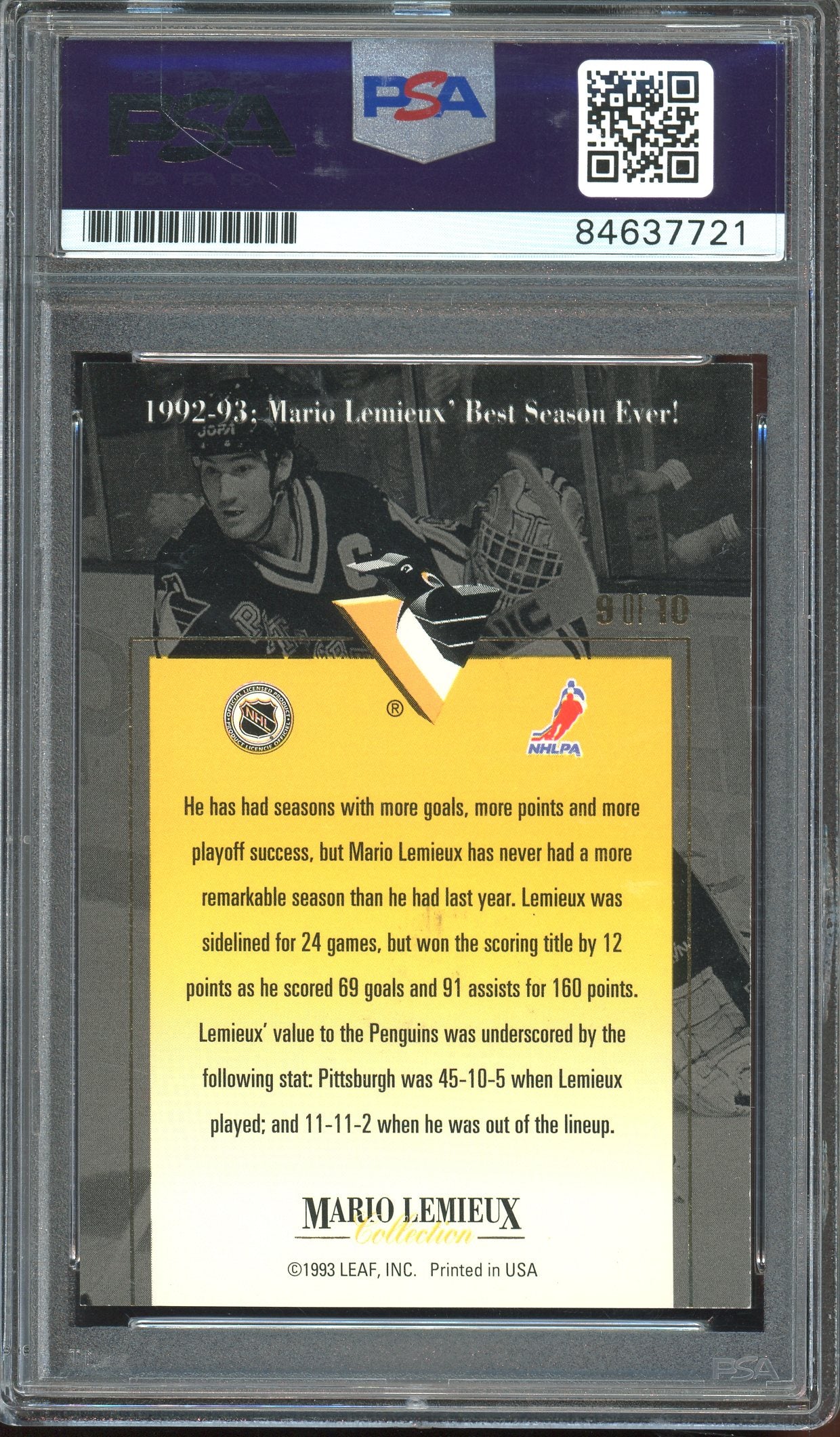 Mario Lemieux Signed 1993 Leaf Mario Lemieux Collection #9 (PSA/DNA Encapsualted)