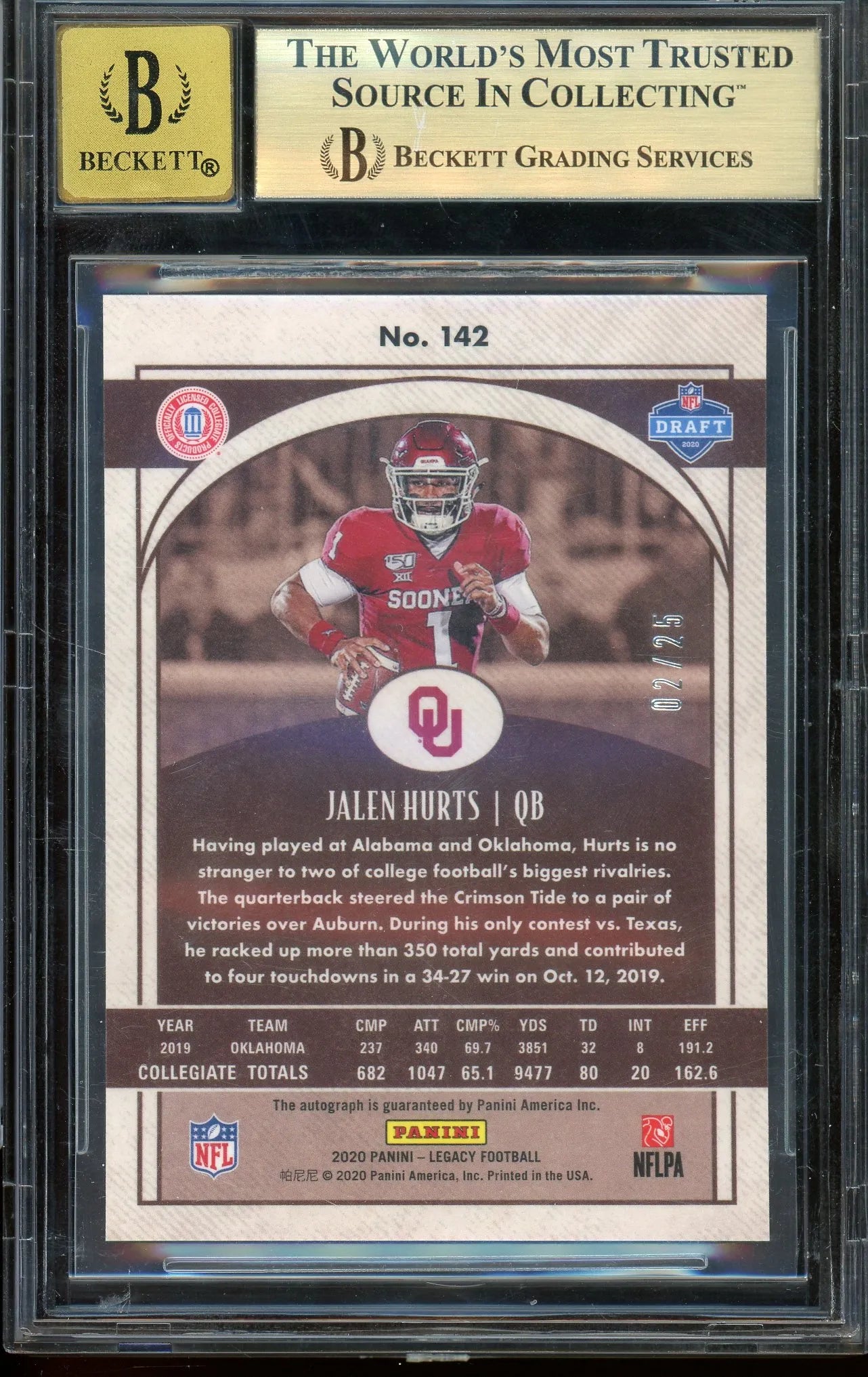 Jalen Hurts 2020 Panini Legacy Premium Penmanship Sapphire Autographed #142 RC - #2 Of 25 - Graded True Gem Mint 9.5 (Quad 9.5s) Auto 10 POP 1! (BGS) - Rookie Crad