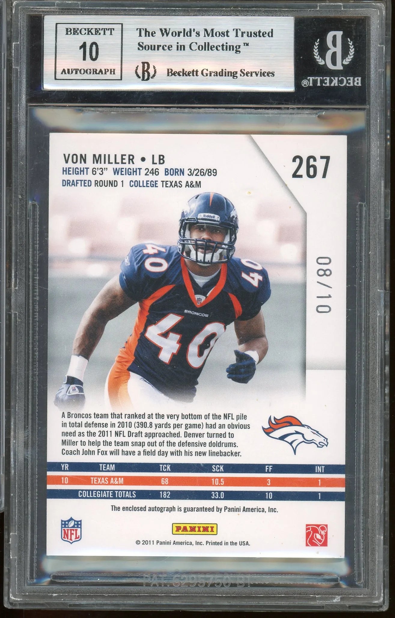 Von Miller 2011 Panini Rookies & Stars Emerald RPA #267 RC – #8 Of 10 – Graded Mint 9 (BGS) With Graded 10 Autograph - Rookie Card