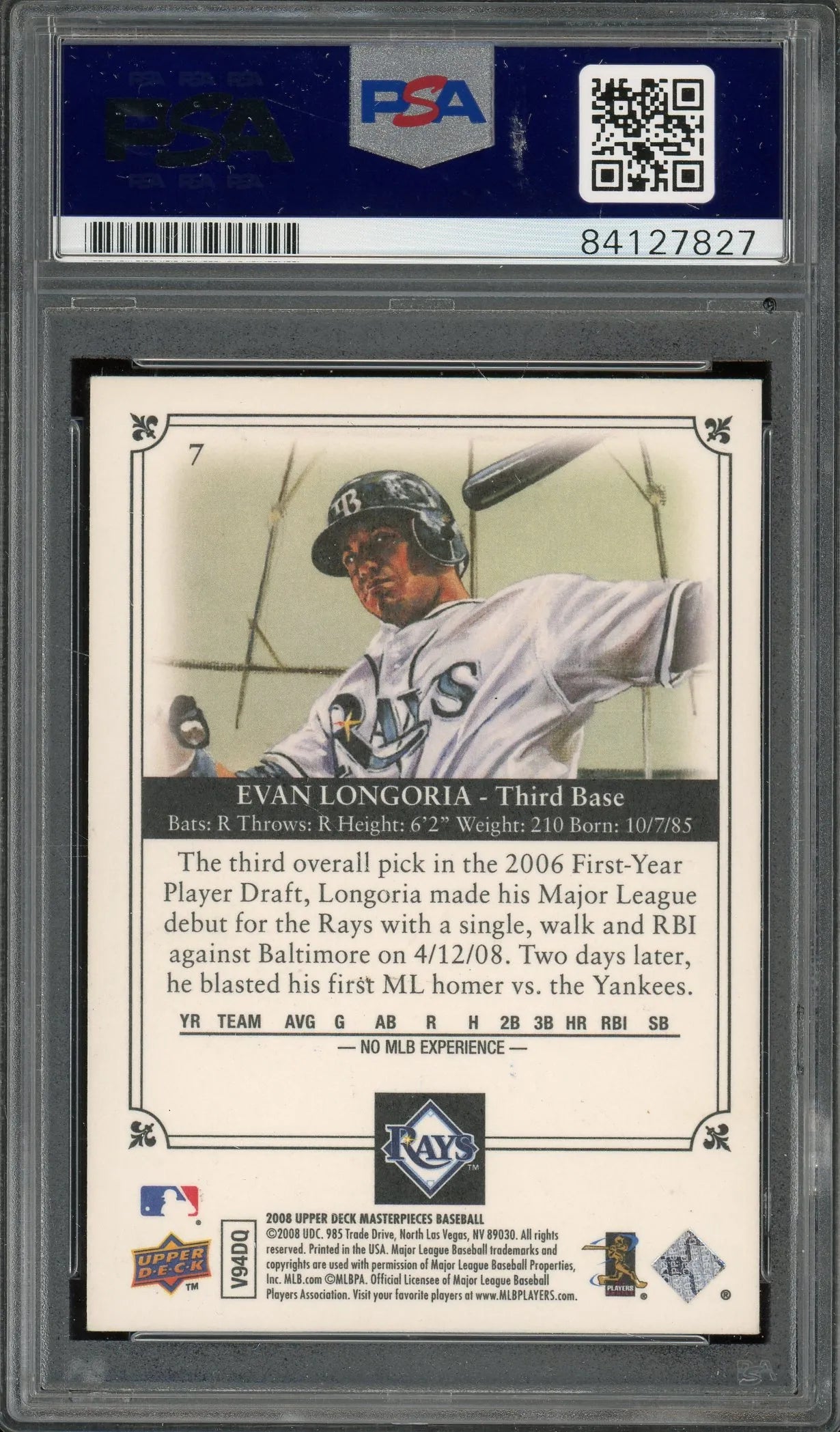 Evan Longoria Signed 2008 UD Masterpieces #7 RC (PSA) - Rookie Card