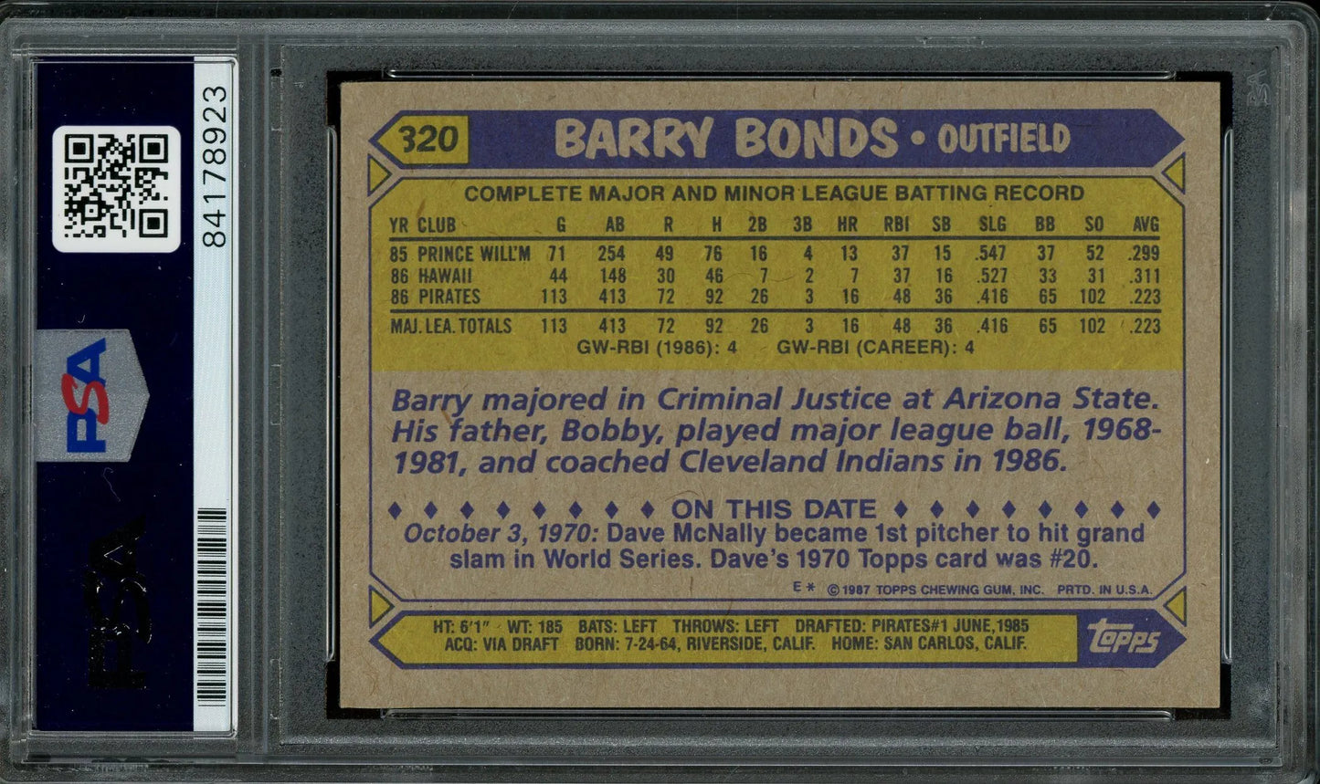 Barry Bonds Signed 1987 Topps Rookie Card #320 (PSA/DNA)