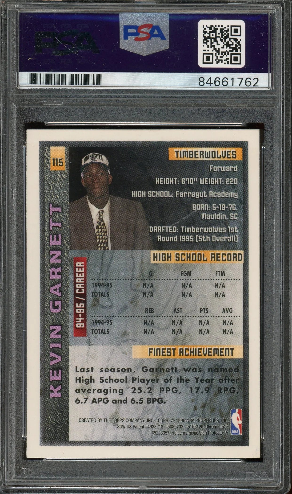 Kevin Garnett Signed 1995 Topps Finest RC #115 – Auto Graded PSA 10 - Rookie Card