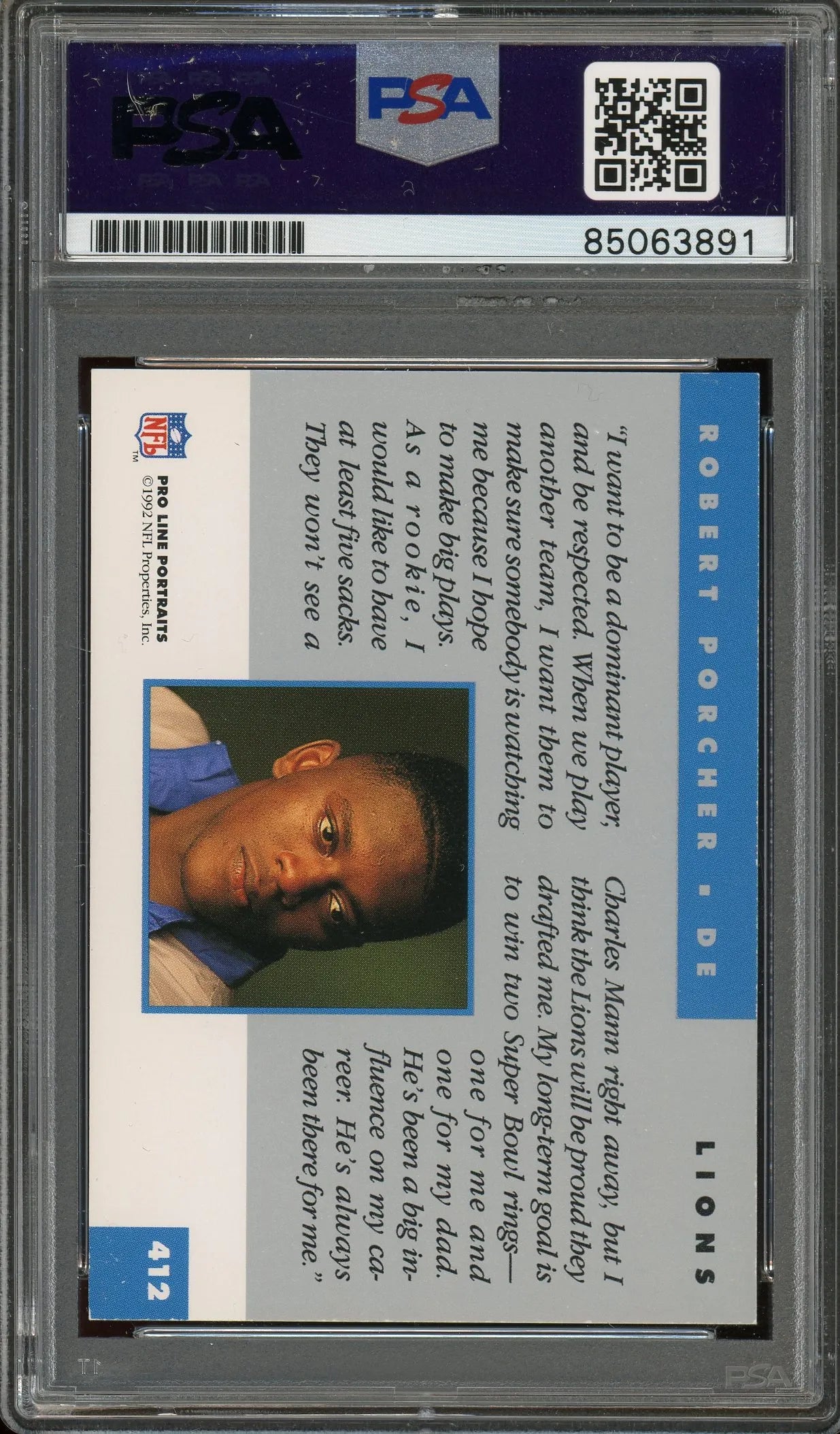 Robert Porcher Signed 1992 Pro Line Portraits #412 RC – Auto Graded 10 (PSA) - Rookie Card