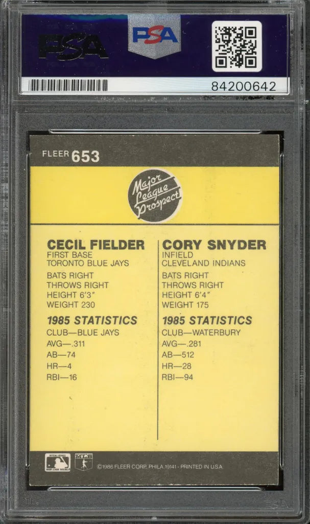 Cecil Fielder & Cory Snyder Signed 1986 Fleer Card #653 RC - PSA/DNA - Rookie Card