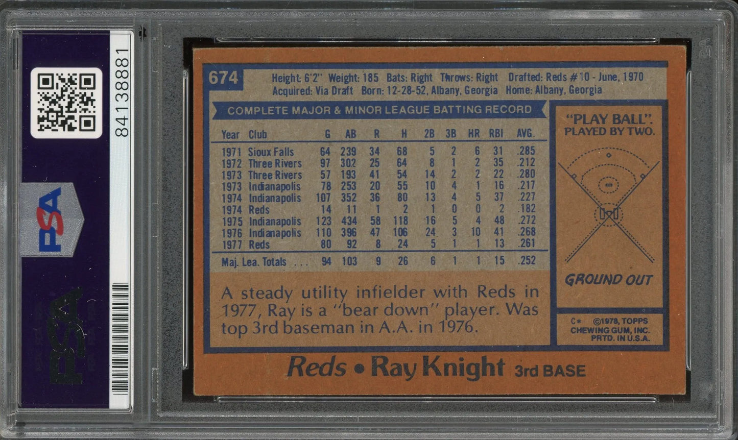 Charles Ray Knight Full-Name Signed 1978 Topps Rookie Card #674 - PSA/DNA - RC