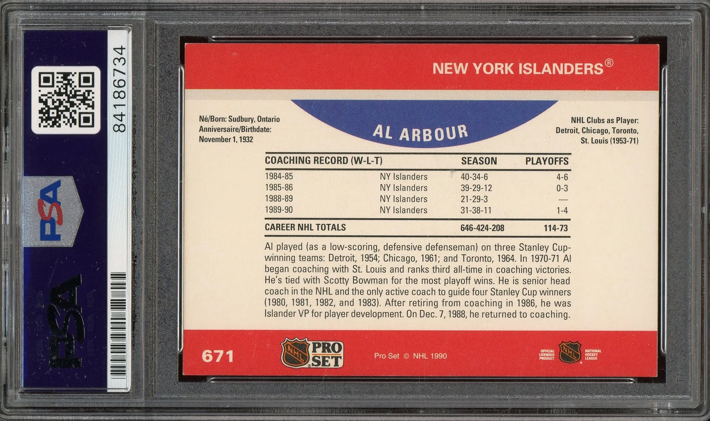 Al Arbour Signed 1990 Pro Set Card #671 (PSA/DNA)