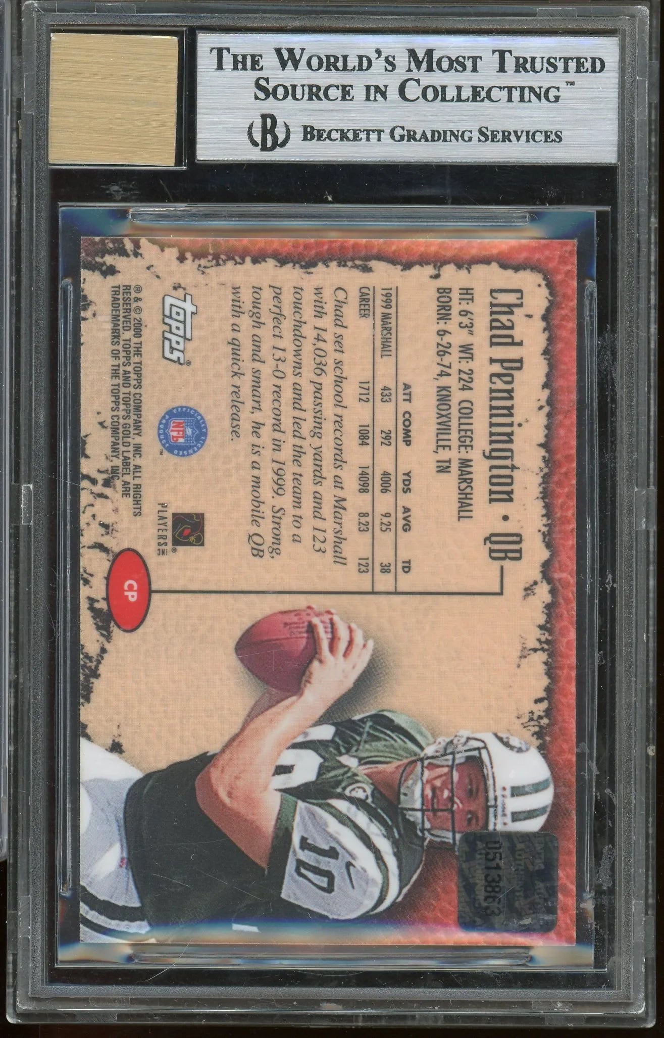 Chad Pennington 2000 Topps Gold Label #CP RC – Graded Mint 9 (BGS) With Graded 10 Autograph - Rookie Card