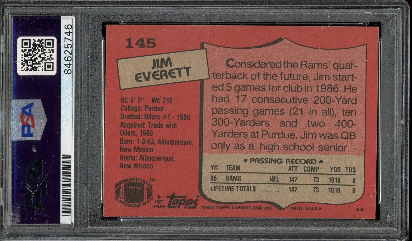 Jim Everett Signed 1987 Topps RC #145 – Auto Graded PSA 9 - Rookie Card