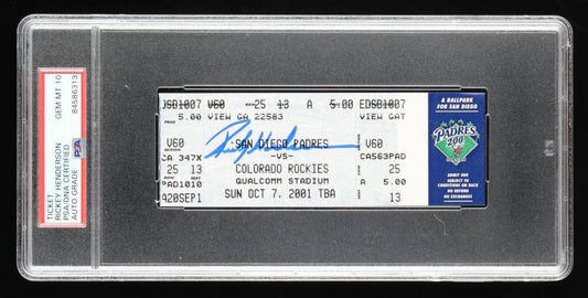 Rickey Henderson Signed 3000th Hit Game Ticket Stub (PSA) - Autograph Graded (PSA) 10