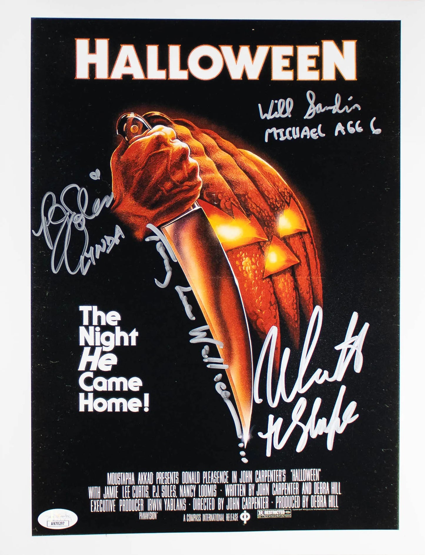 Nick Castle “The Shape”, Tommy Lee Wallace, PJ Soles “Lynda”, and Will Sandin “Michael Age 6” Signed Halloween 11×14 Photo (JSA COA)