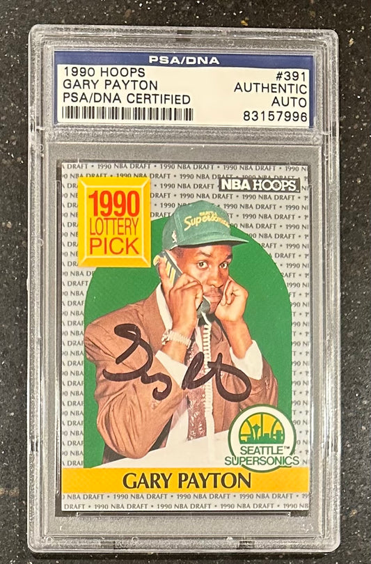 Gary Payton Signed 1990-91 Hoops #391 LS RC (PSA) - Rookie Card