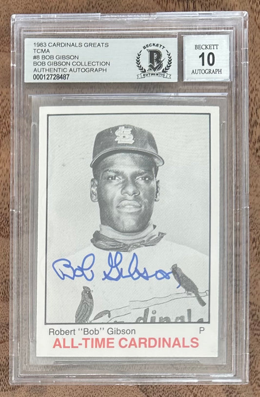 Bob Gibson Signed 1983 TCMA Cardinals Greats Baseball Card #8 - Auto Graded 10! (BAS Encapsulated)