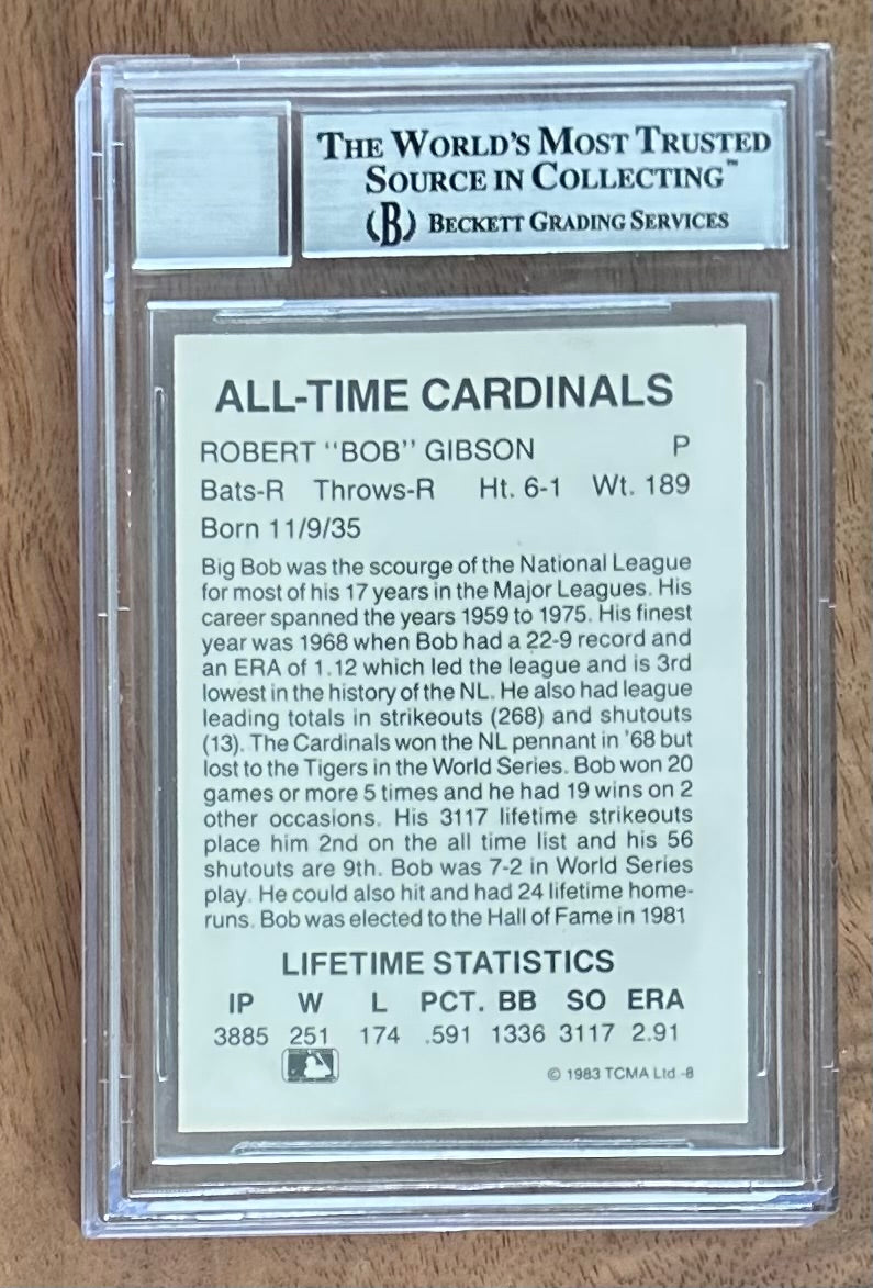 Bob Gibson Signed 1983 TCMA Cardinals Greats Baseball Card #8 - Auto Graded 10! (BAS Encapsulated)