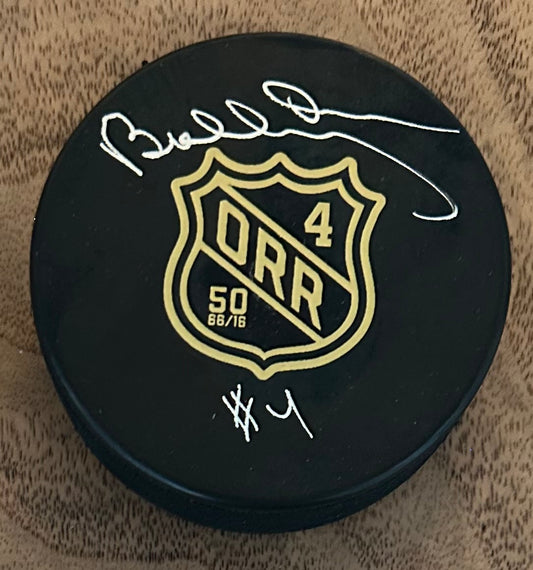 Bobby Orr Signed Official NHL Bruins 50th Anniversary Logo Puck (Orr) - Official Bobby Orr Hologram & COA