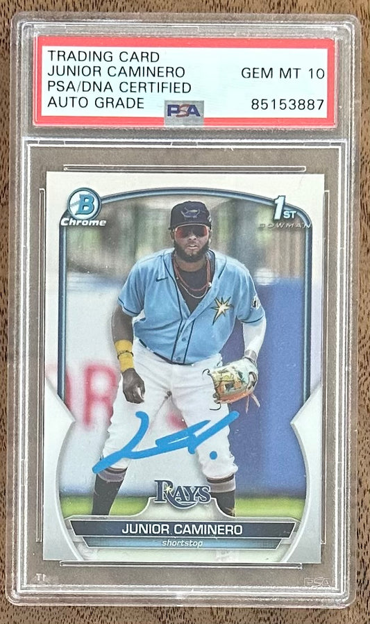 Junior Caminero Signed 2023 Bowman Chrome Prospects #BCP61 RC (PSA | Autograph Grade 10) - Rookie Card - LOST BY FEDEX