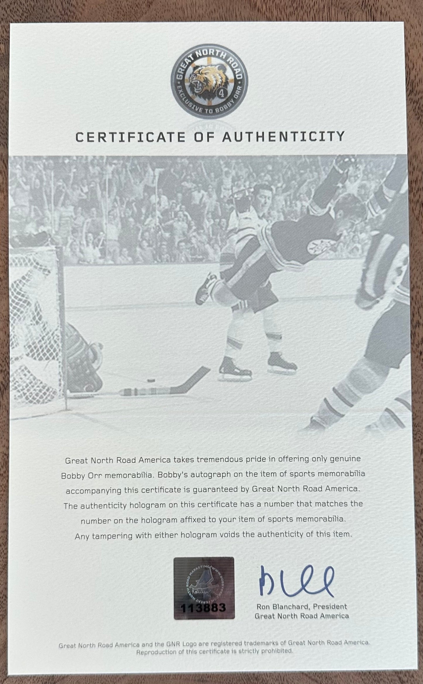 Bobby Orr Signed (Orr COA) Bruins "The Flying Goal" 7x11 Photo - Official Bobby Orr Hologram & COA