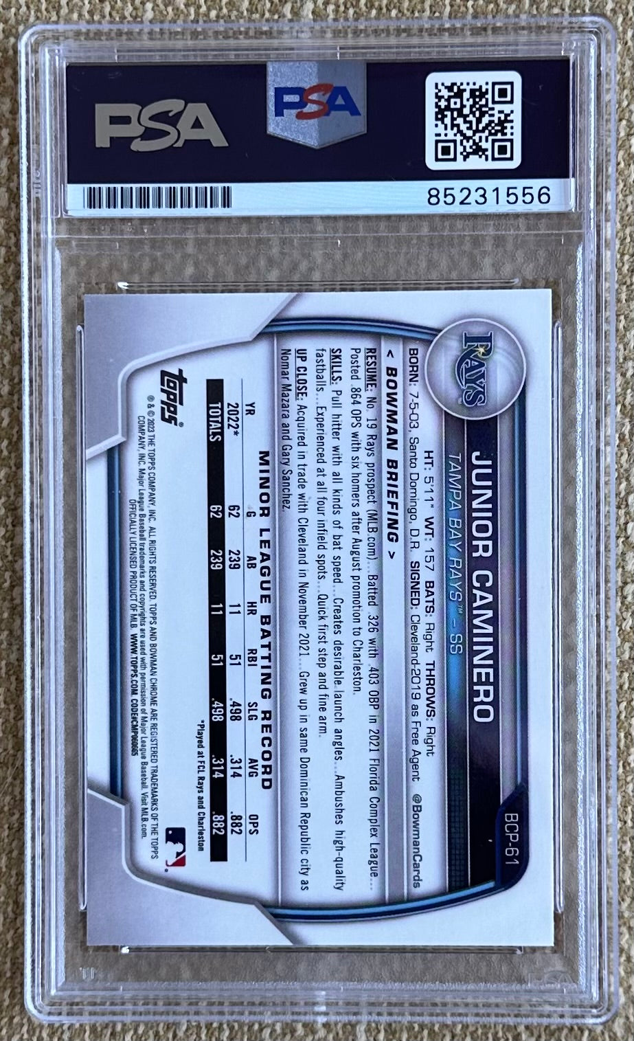 Junior Caminero Signed 2023 Bowman Chrome Prospects #BCP61 RC (PSA | Autograph Grade 10) - Rookie Card