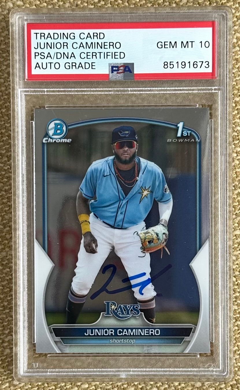 Junior Caminero Signed 2023 Bowman Chrome Prospects #BCP61 RC (PSA | Autograph Grade 10)